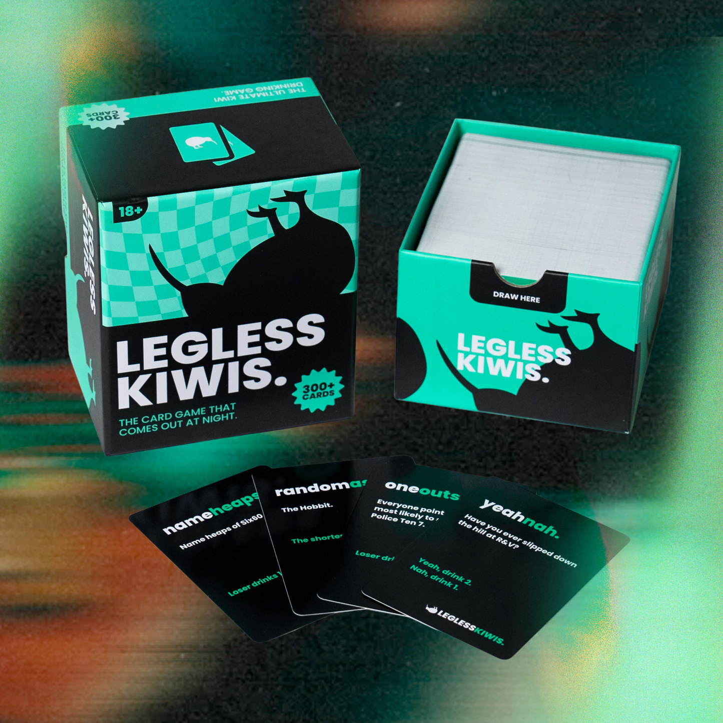 Legless Kiwis, New Zealand Kiwi drinking card game box on a table with drinks