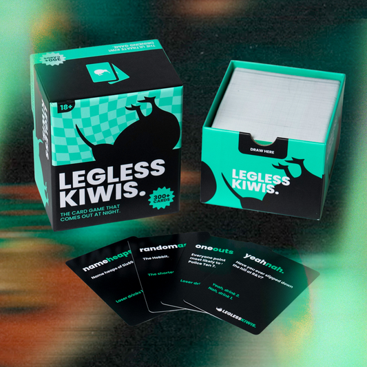 Legless Kiwis, New Zealand Kiwi drinking card game box on a table with drinks